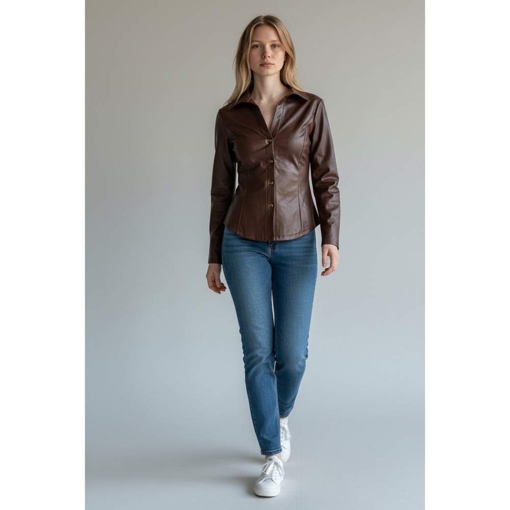 Ambiance Top Small Brown Faux Leather Vegan Moto Button Down Y2K Grunge Baddie
